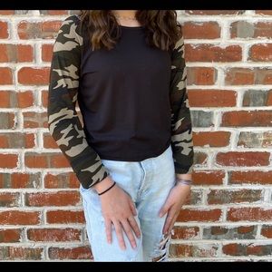 Long sleeve black shirt with camo on the arms